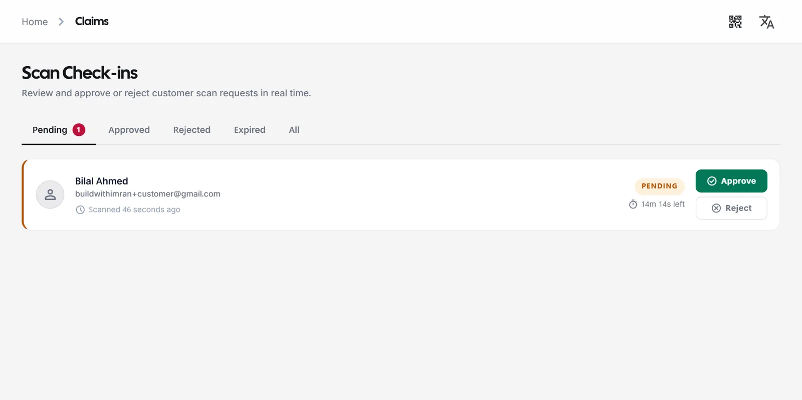 Scan check-ins page with one pending customer check-in and Approve and Reject buttons